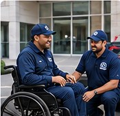 A passenger with a mobility disability receiving respectful transportation assistance