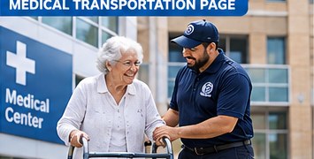 A professional driver helping an older passenger near a healthcare facility